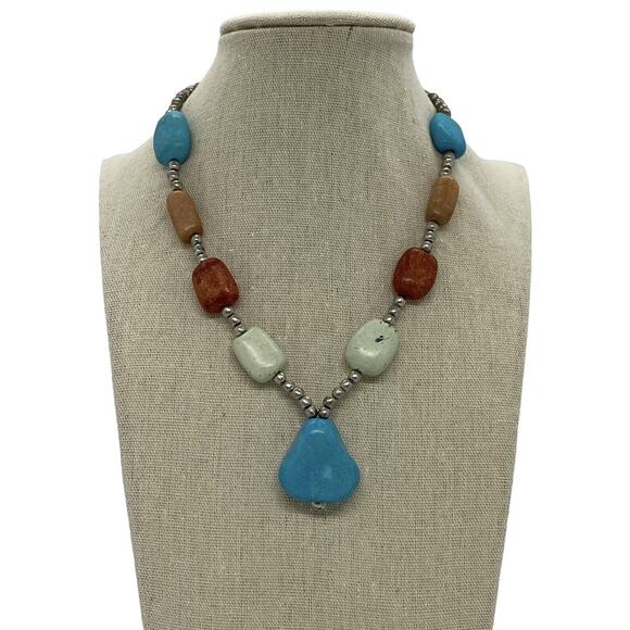Multi-colored Stone and Silver Bead 16" Necklace Blue Pendant Vintage Estate - Picture 5 of 14